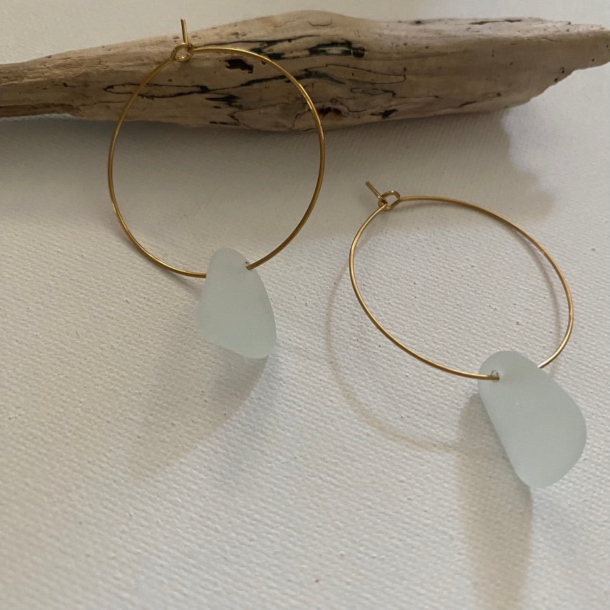 Light Sea Foam Sea Glass Earrings on Gold PVD Thin Hoops