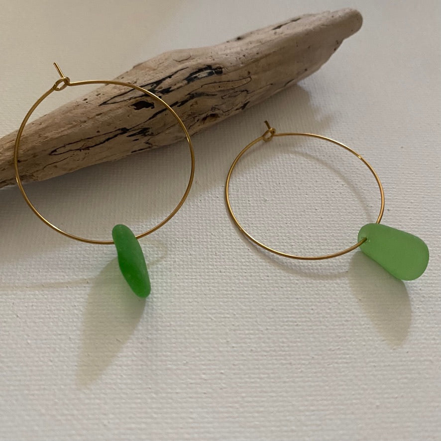 Kelly Green Sea Glass Earrings on Gold PVD Thin Hoops 4
