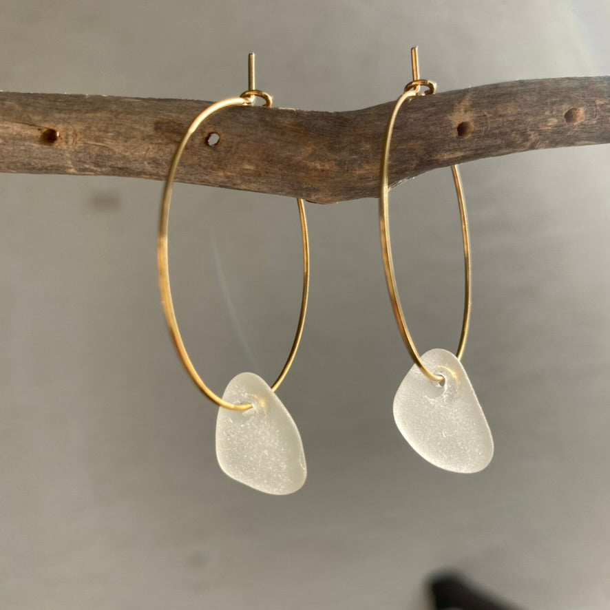 Small Clear Sea Glass Earrings on Gold PVD Thin Hoops