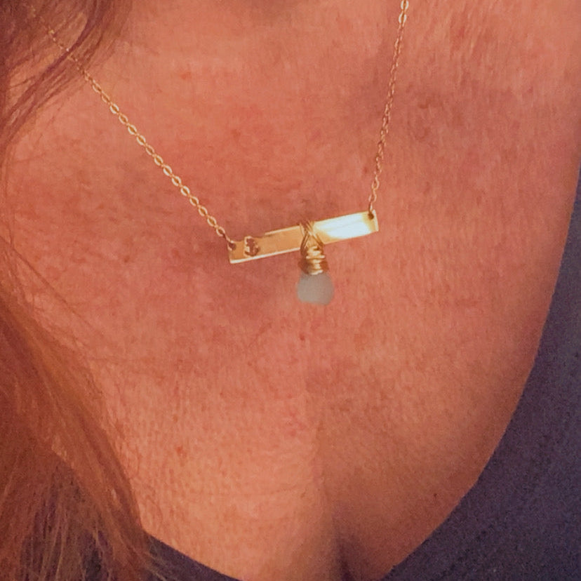 Gold Anchor Bar Necklace with Light Purple Sea Glass