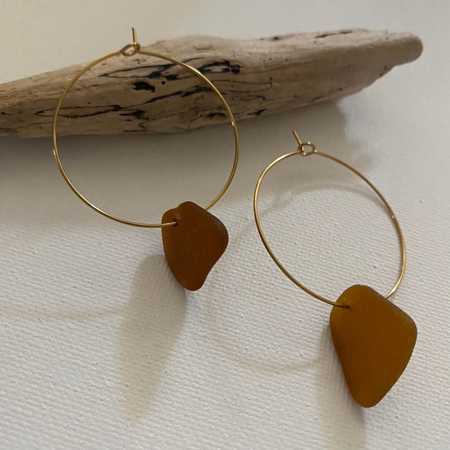 Brown Sea Glass Earrings on Gold PVD Thin Hoops