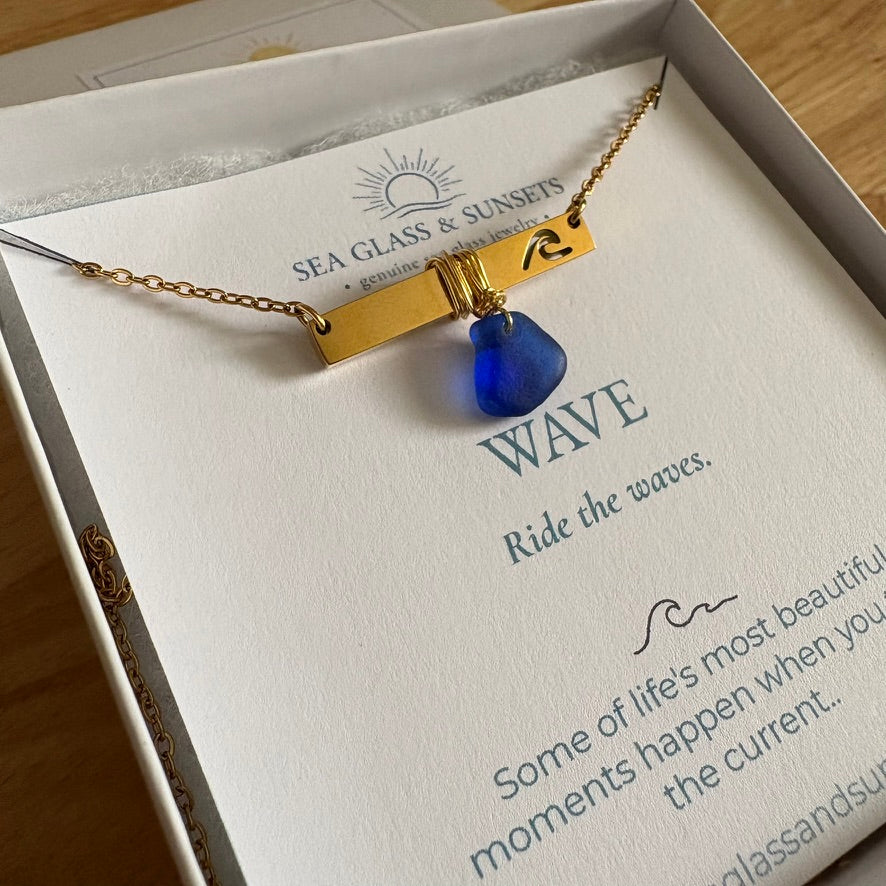 Gold Wave Bar Necklace with Cobalt Blue Sea Glass