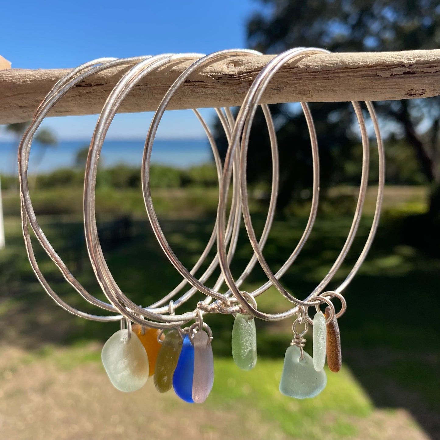 Sterling Silver Sea Glass Bangle Bracelet – Cobalt Blue