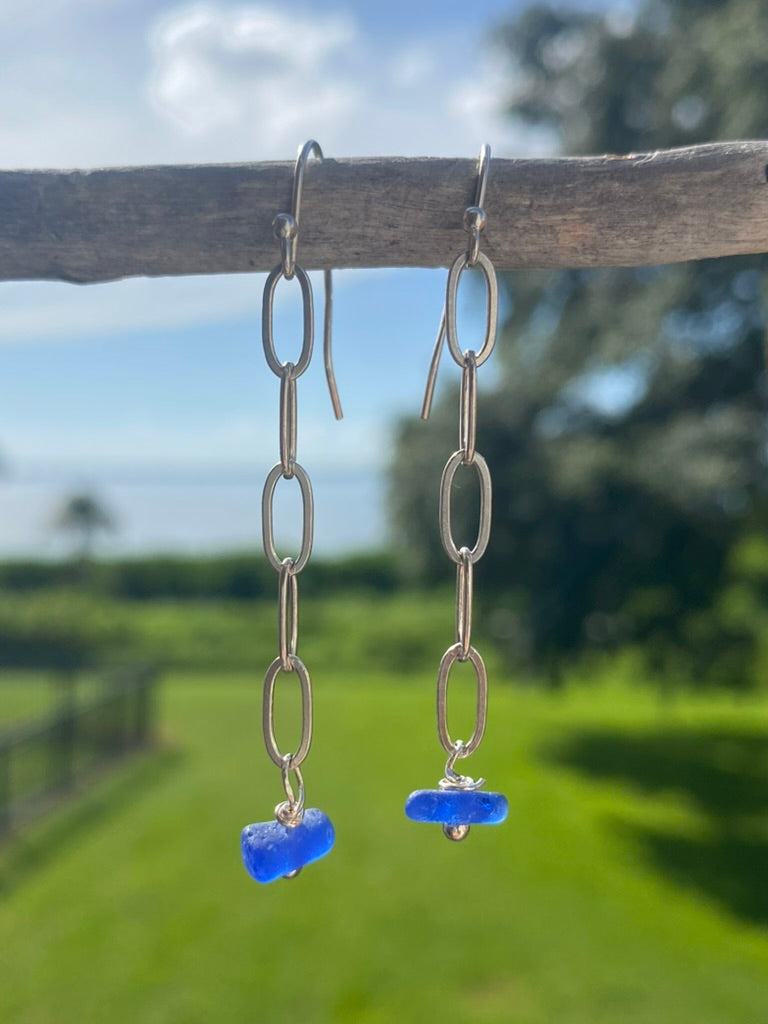 Cobalt Blue Sea Glass Chain Dangle Earrings – Sterling Silver