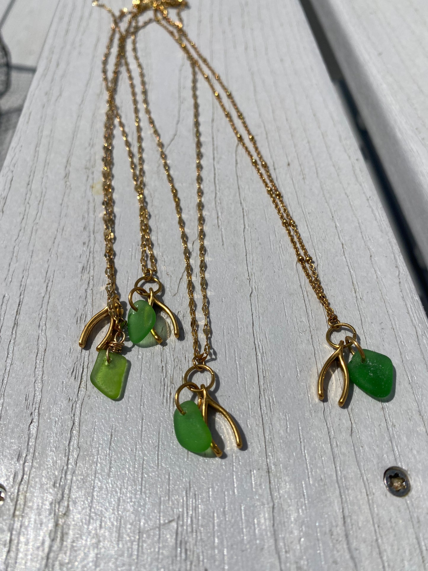 Sea glass lucky wishbone necklace