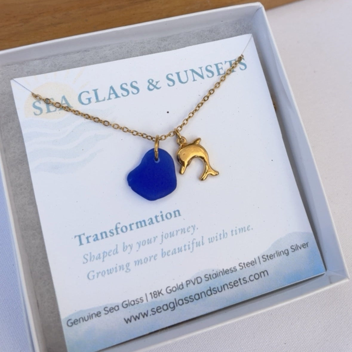 Dolphin Sea Glass Necklace – 18K Gold PVD
