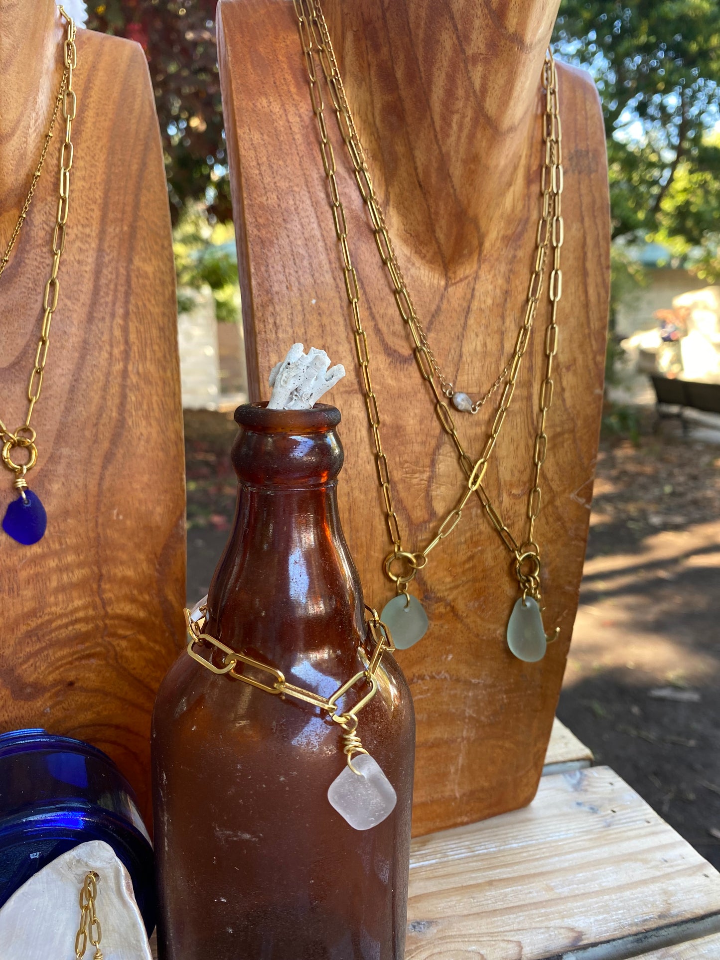 Gold Sea Foam Sea Glass Anchor Necklace