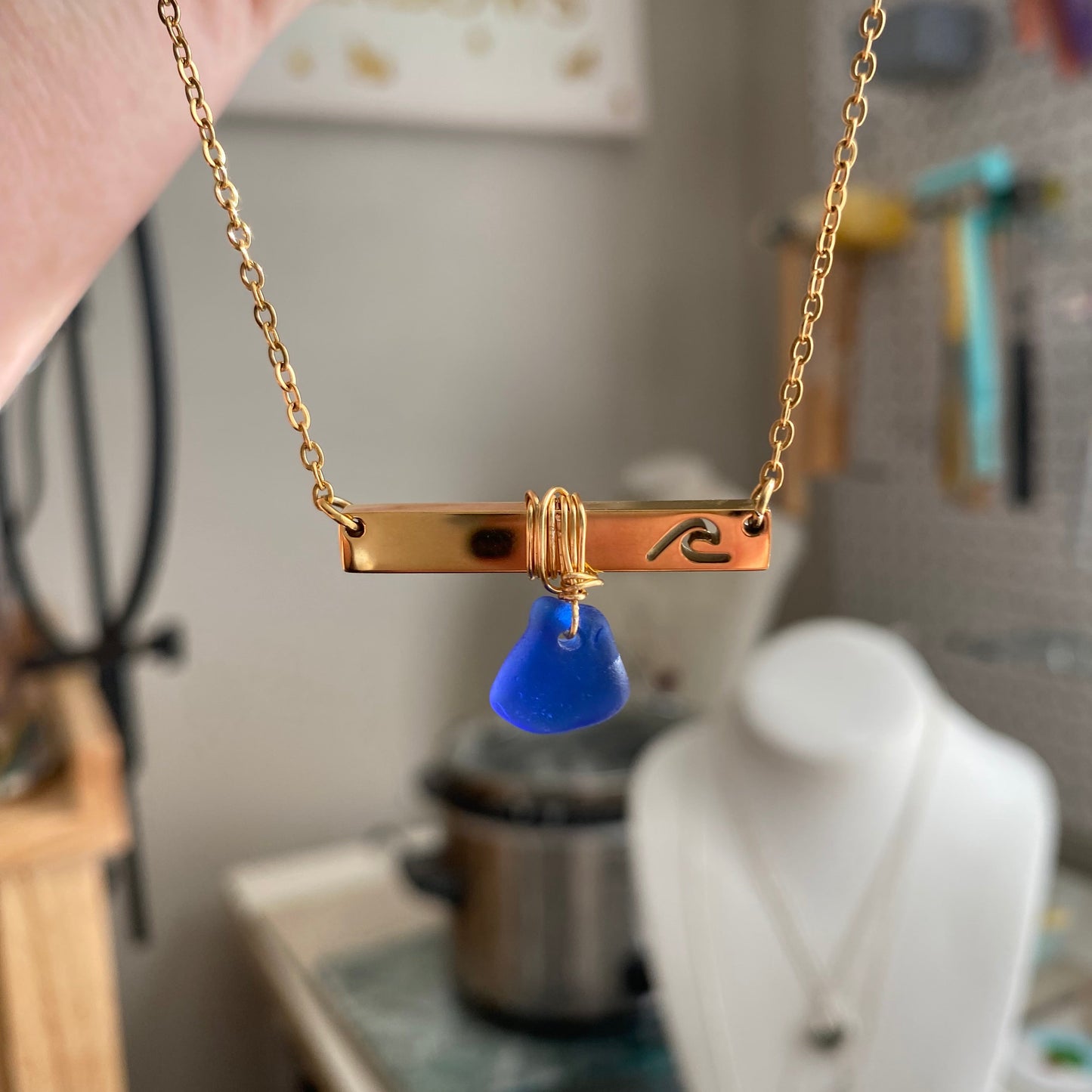 Gold Wave Bar Necklace with Cobalt Blue Sea Glass