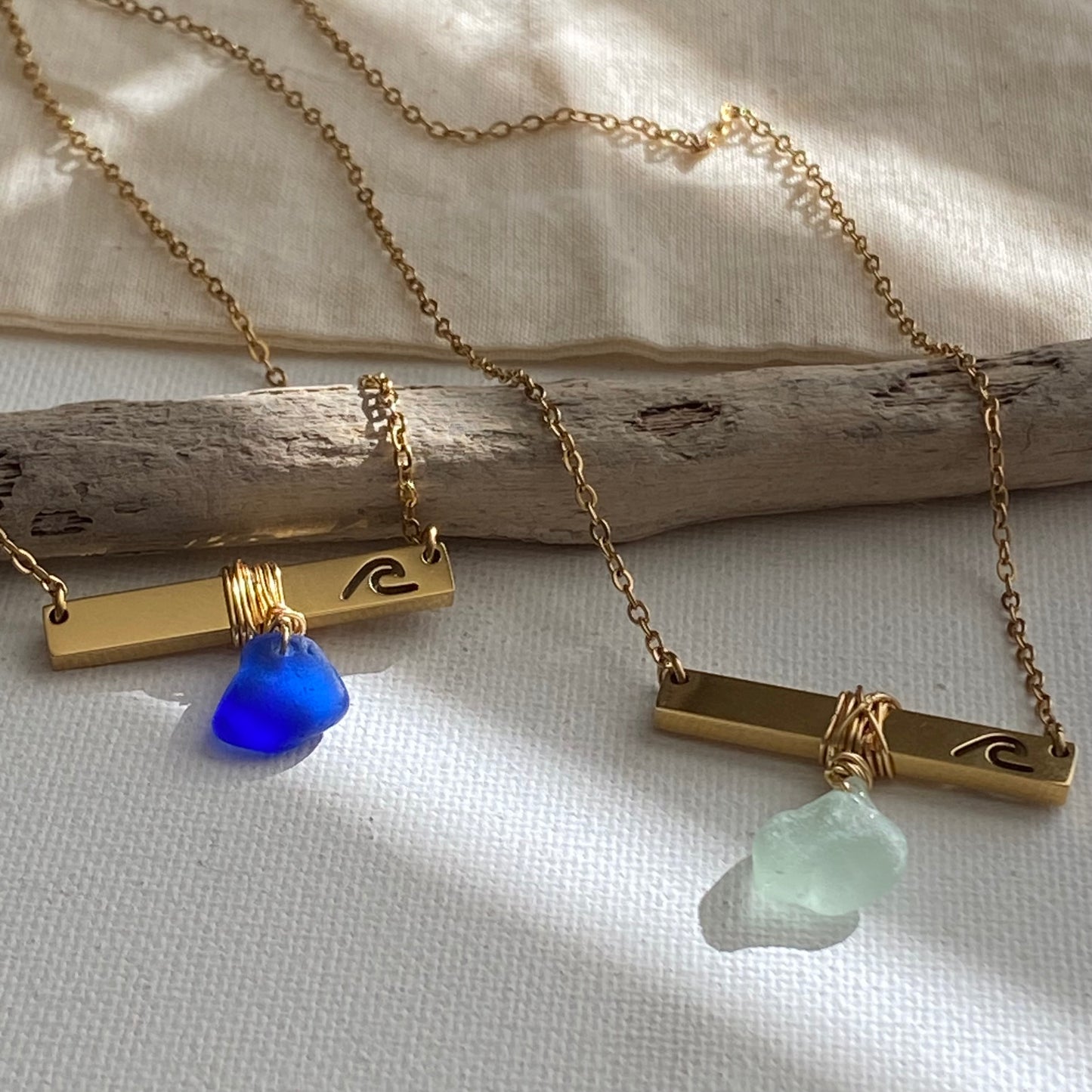 Gold Wave Bar Necklace with Sea Foam Sea Glass