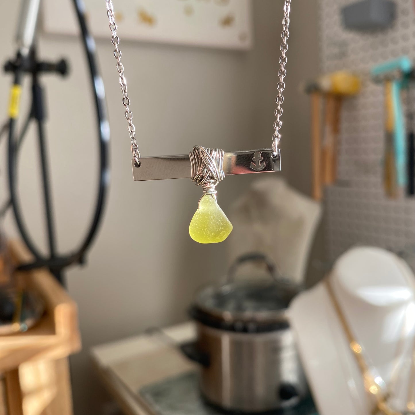Silver Anchor Bar Necklace with Citron Sea Glass