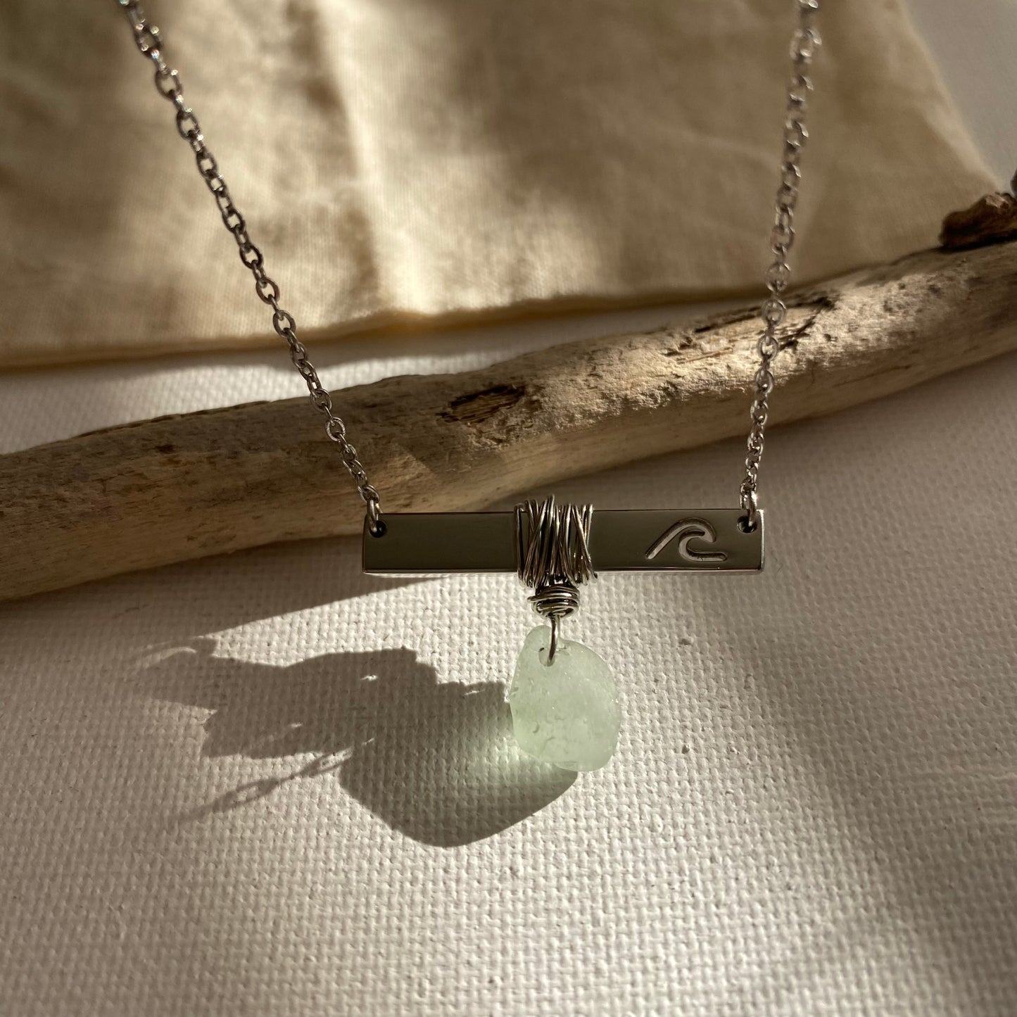 Silver Wave Bar Necklace with Sea Foam Sea Glass