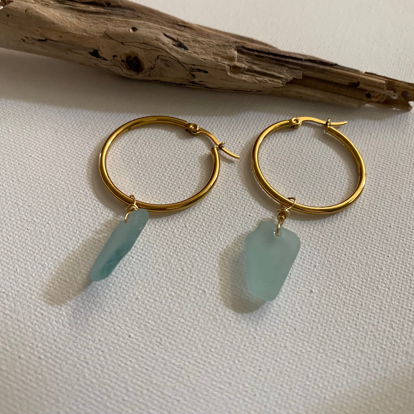 Sea Foam Sea Glass Earrings on 18K Gold PVD Hoops