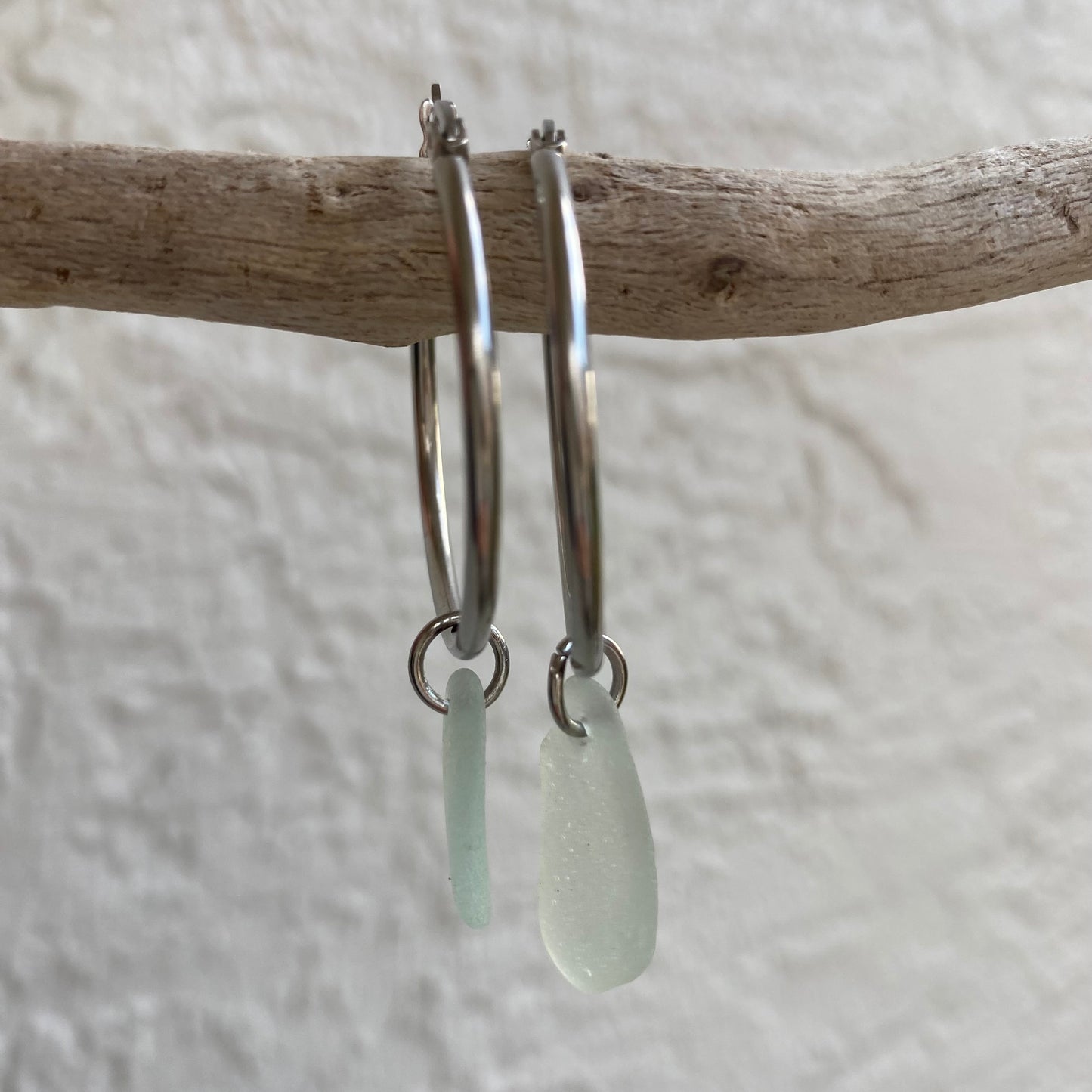 Sea Foam Sea Glass Earrings on Silver Stainless Steel Hoops