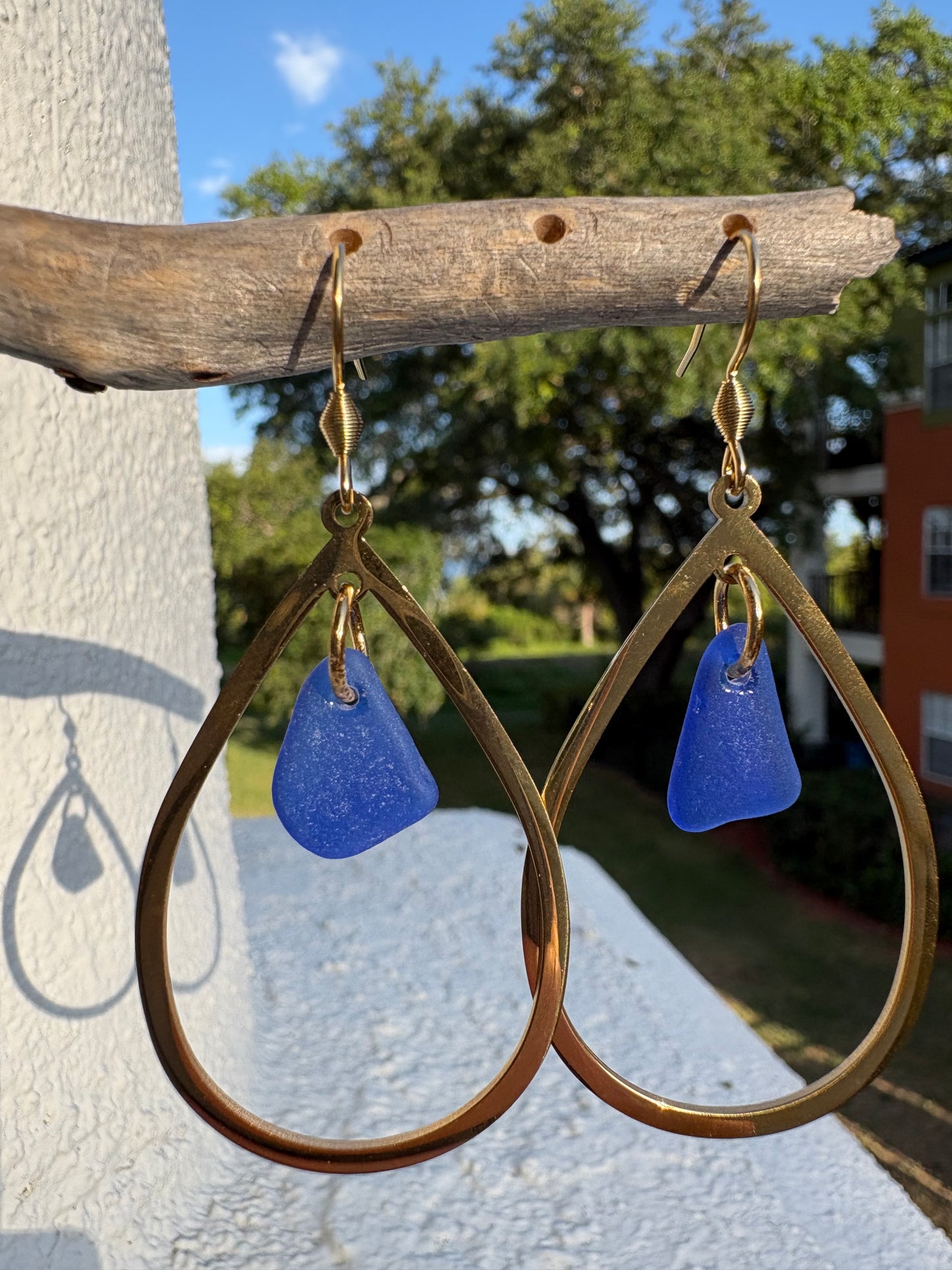 Cobalt Blue Sea Glass Teardrop Earrings | Genuine Beach Glass Gold Statement Earrings