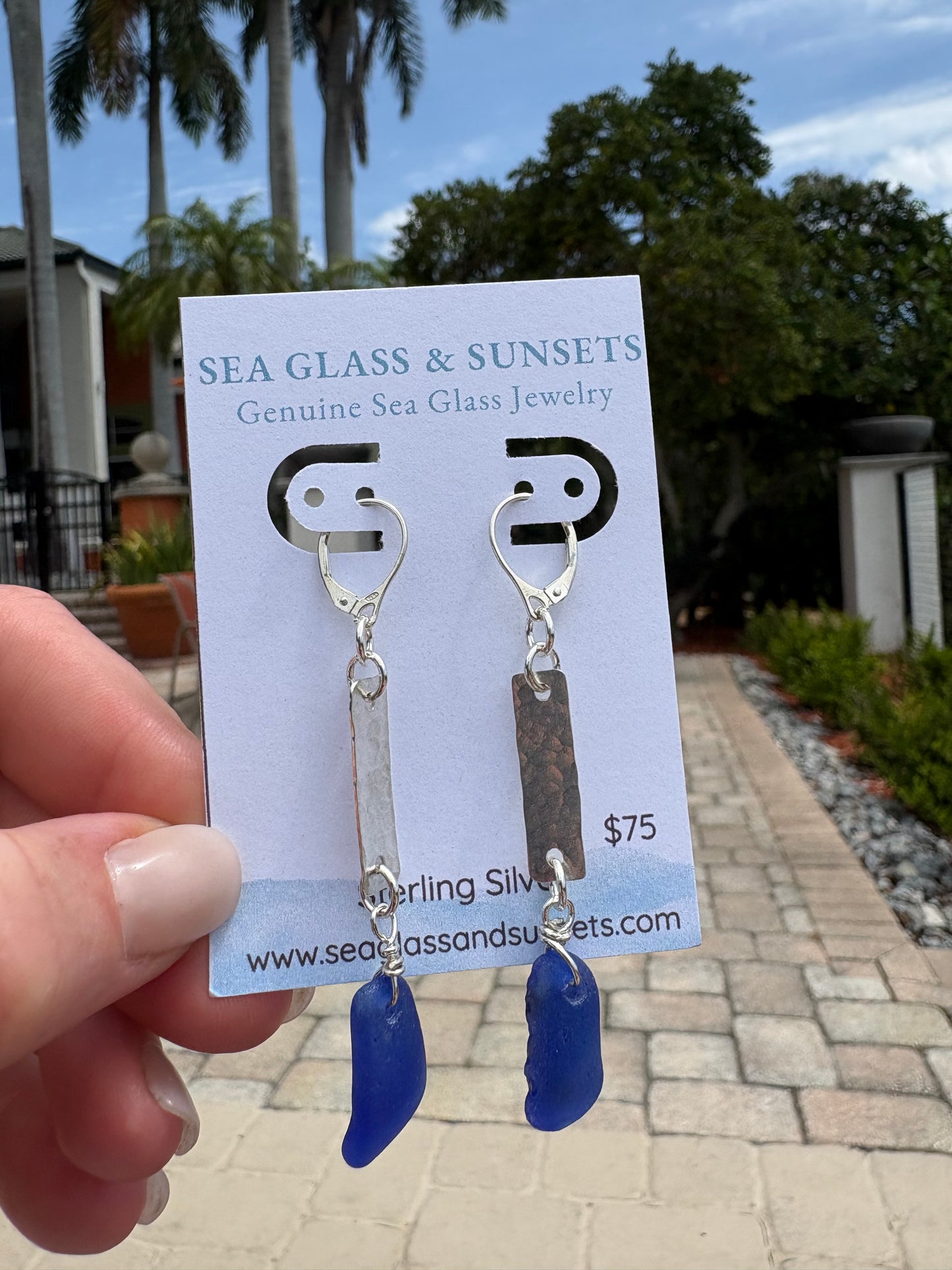 Cobalt Blue Sea Glass Hand-Cut Sterling Silver Dangle Earrings