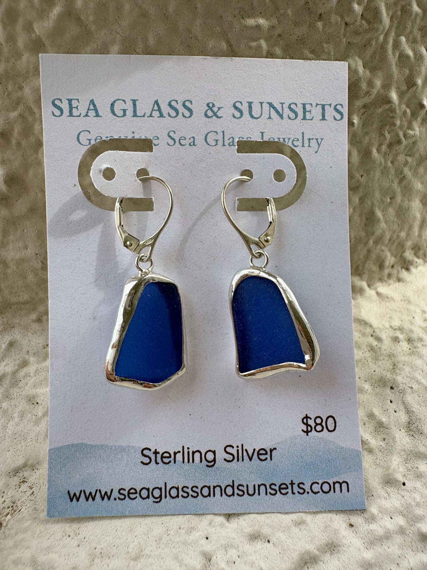 Cobalt Blue Sea Glass Open Bezel Sterling Silver Dangle Earrings