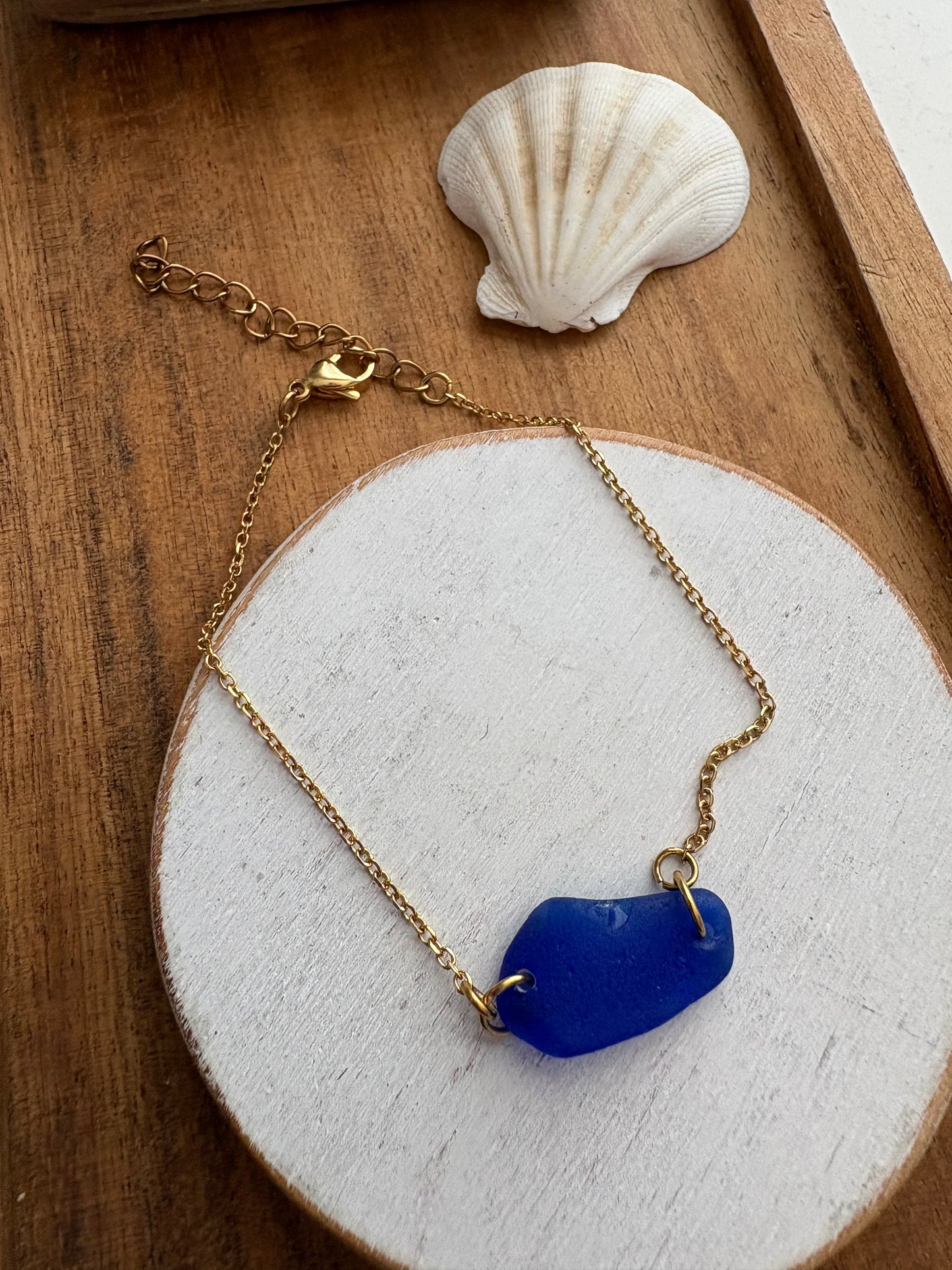 Cobalt Blue Sea Glass Bracelet | Genuine Beach Glass on 18K Gold Plated Stainless Steel Adjustable Chain