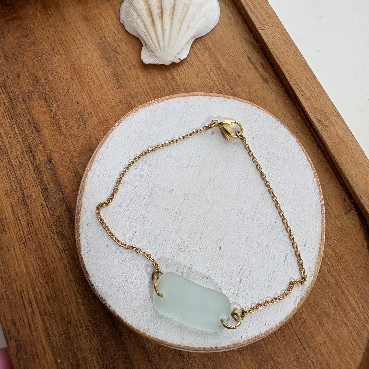 Sea Foam Sea Glass Bracelet | Genuine Beach Glass on 18K Gold Plated Stainless Steel Adjustable Chain