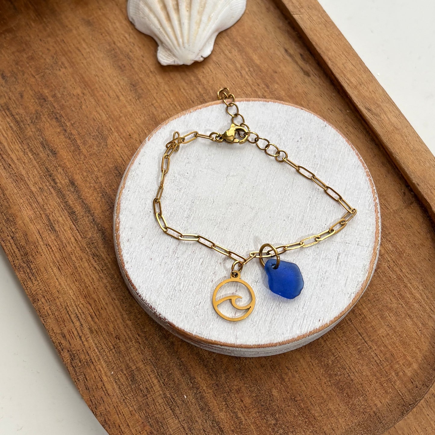 18K Gold PVD cobalt Sea Glass & Wave Paperclip Bracelet