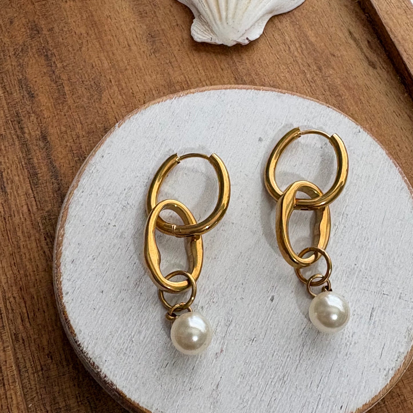 Gold Paperclip Huggie Pearl Earrings | 2” Dangle Coastal Statement Earrings