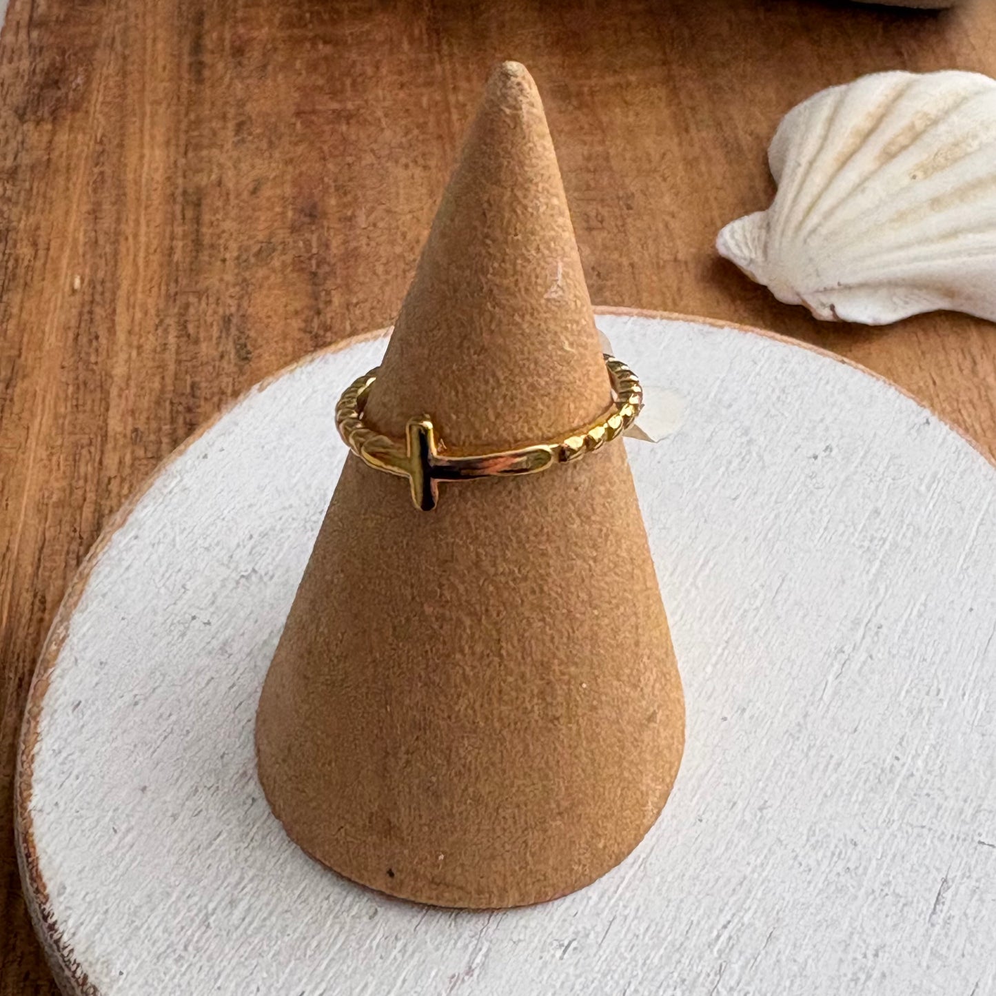 18K Gold PVD Stainless Steel Beaded Cross Stacking Ring
