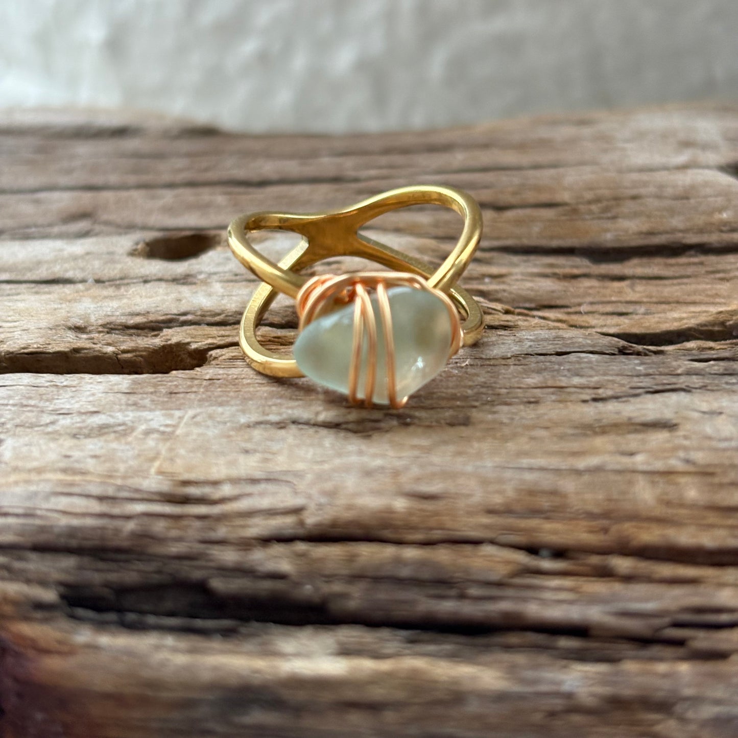 Sea Foam Sea Glass Wire-Wrapped Ring – 18k Gold PVD Stainless Steel (Size 5.5)