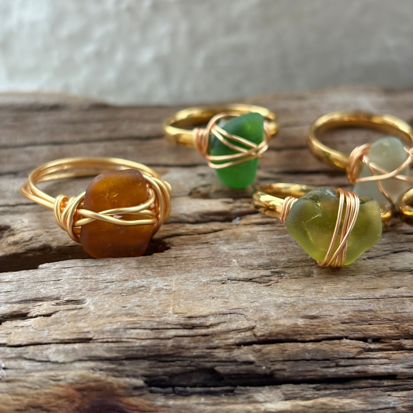 Brown Sea Glass Sculpted Wire Ring – Gold Plated (Size 8)