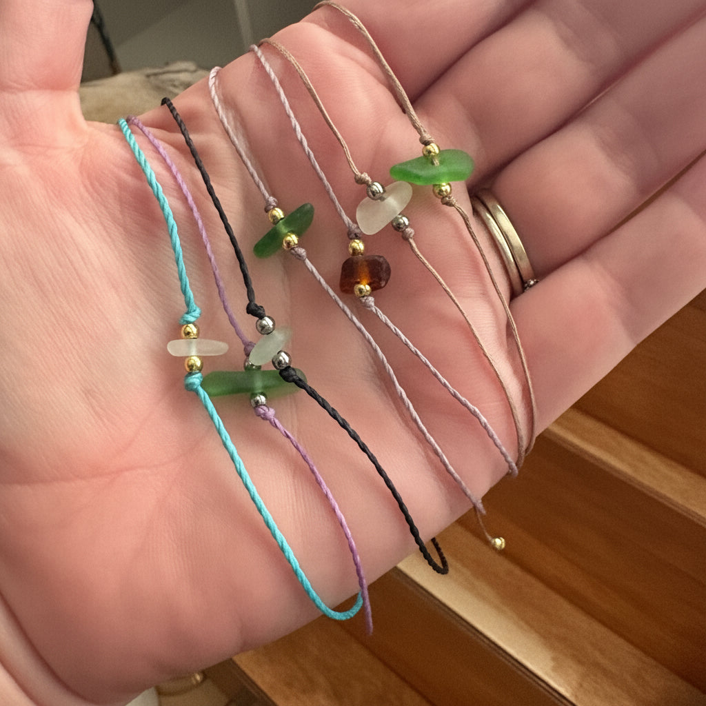 Flower Girl Sea Glass Wish Bracelet | Adjustable Waxed Cord Bracelet