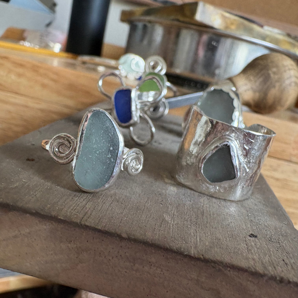 Cobalt Blue Sea Glass Sterling Silver Flower Ring Size 9.5