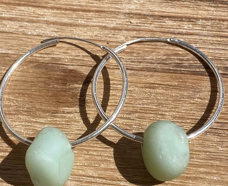 Rare Jadeite Sea Glass Hoop Earrings – Sterling Silver