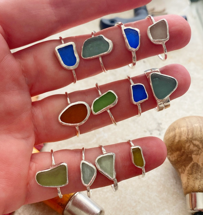 bezel set sterling silver sea glass rings minimalist