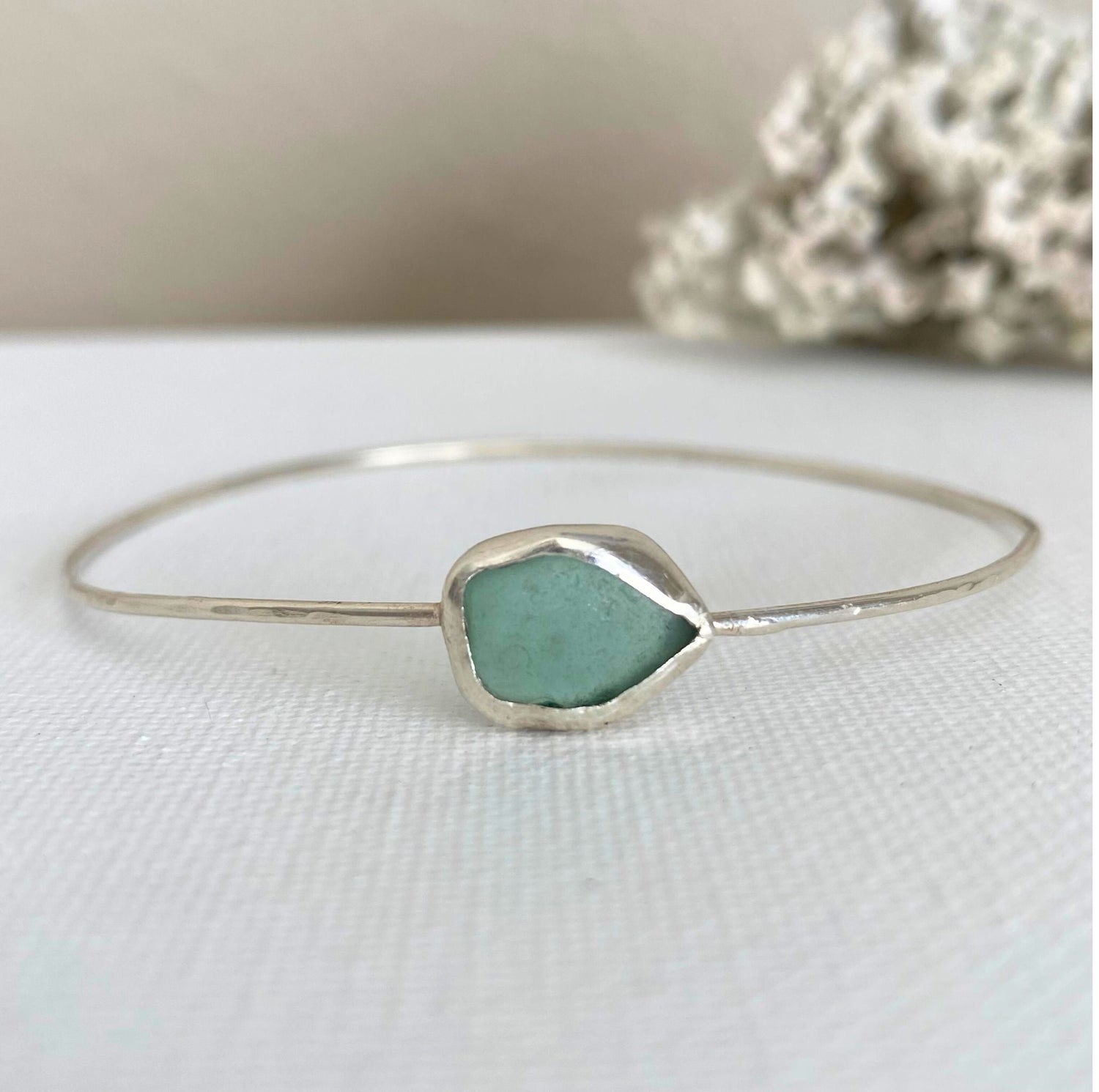 genuine sterling silver open bezel sea glass bangle bracelet