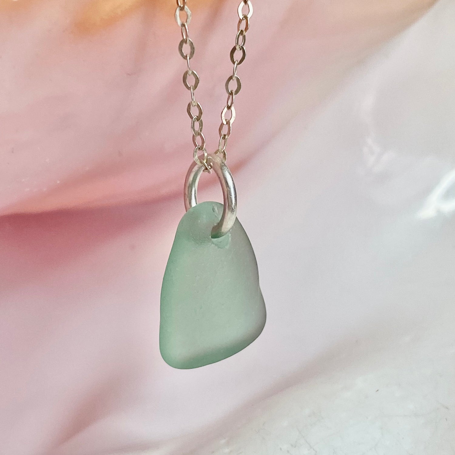 genuine green sea glass necklace in open sterling silver bezel