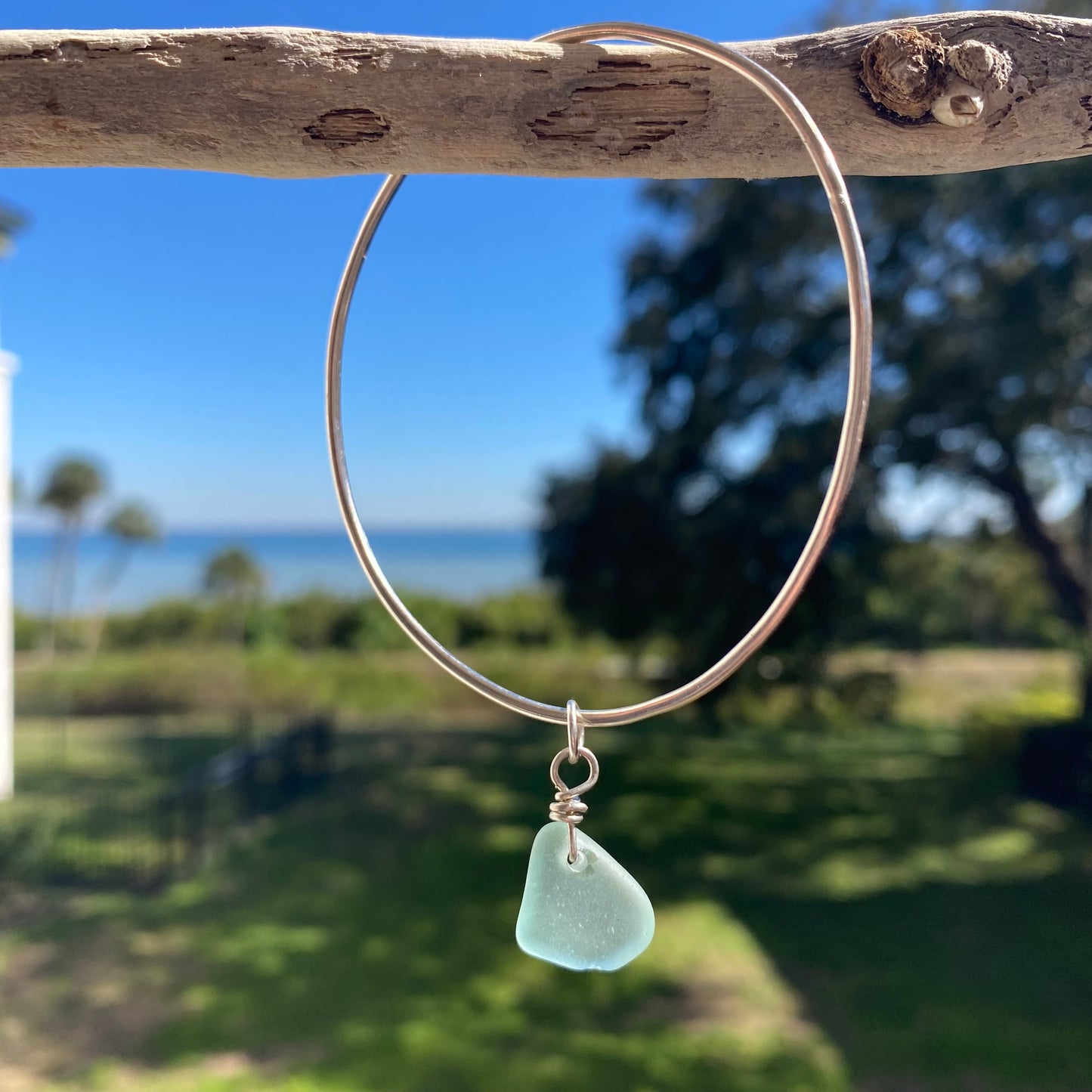 Sterling Silver Sea Glass Bangle Bracelet – Aqua