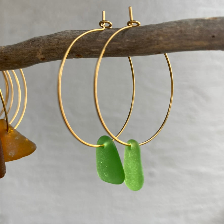 Kelly Green Sea Glass Earrings on Gold PVD Thin Hoops 4
