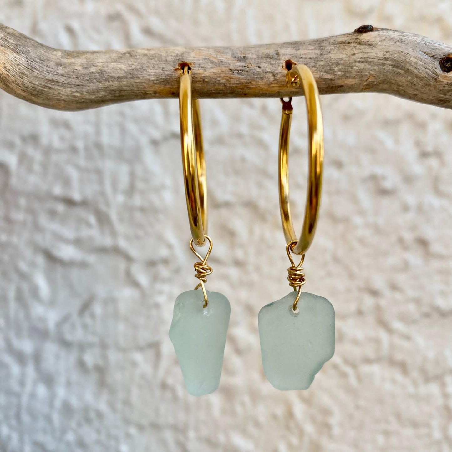 Sea Foam Sea Glass Earrings on 18K Gold PVD Hoops