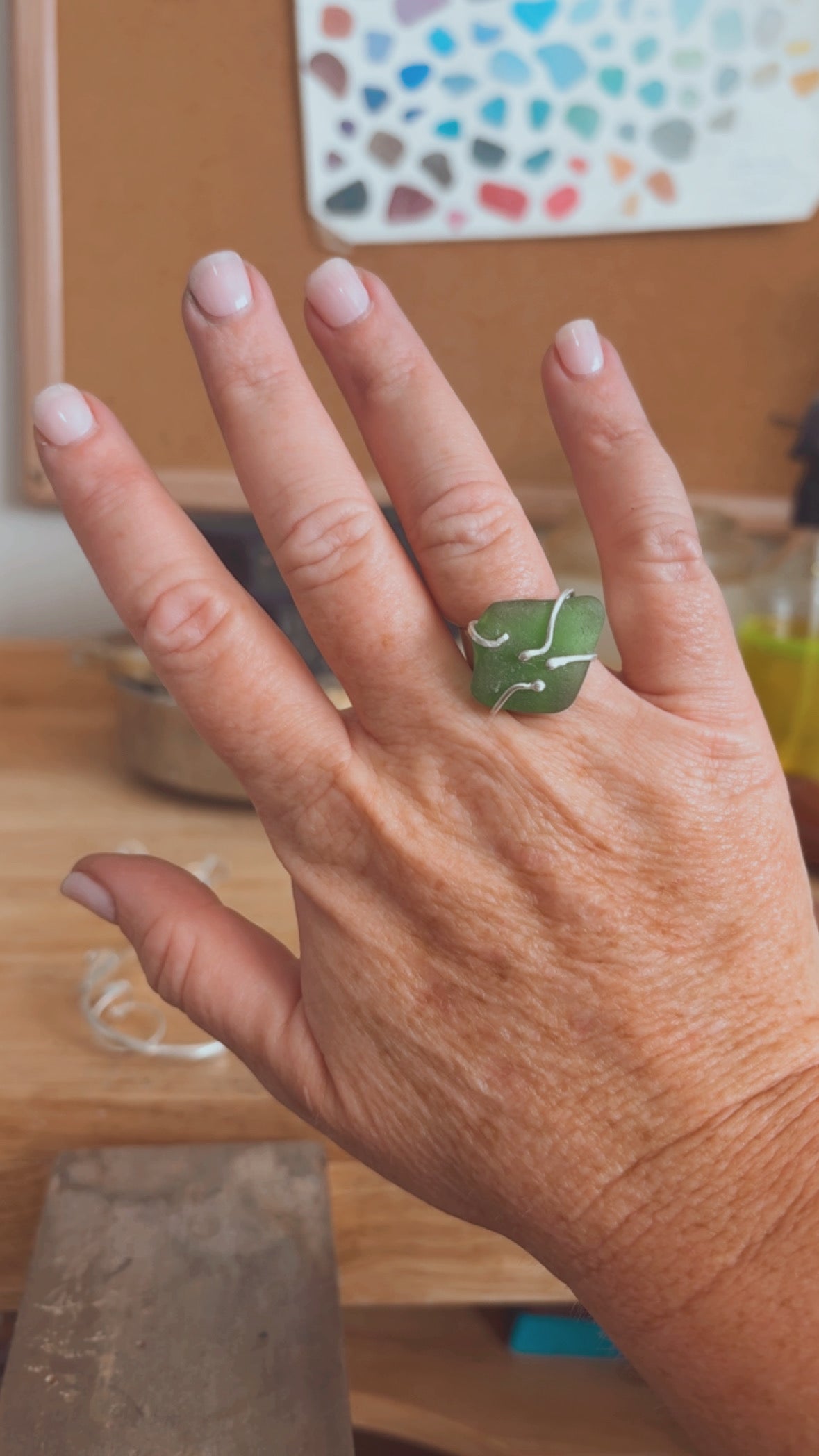 Kelly Green Sea Glass Sterling Silver Cuff Ring