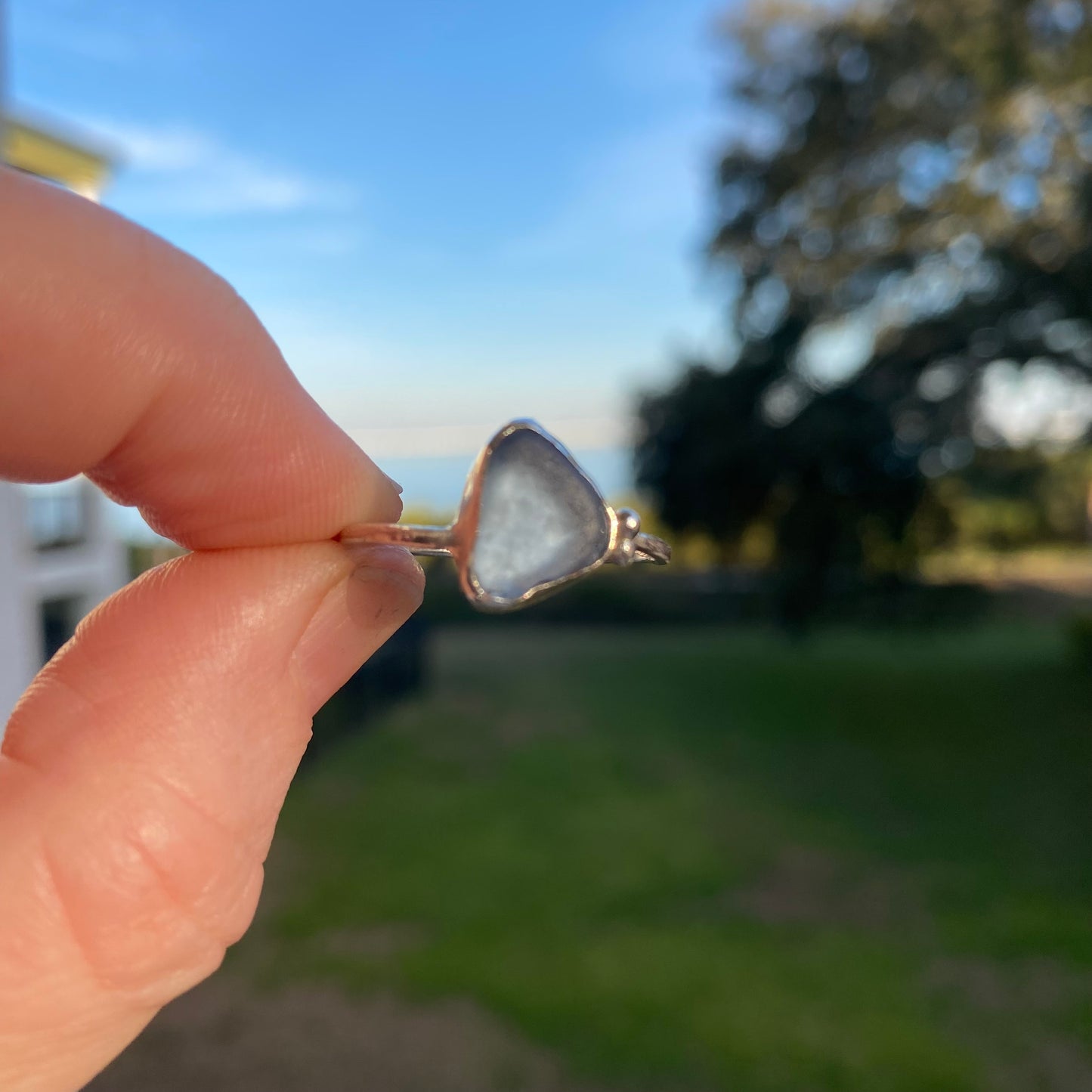 Cornflower Blue Sea Glass Bezel Ring – Sterling Silver (Size 9)