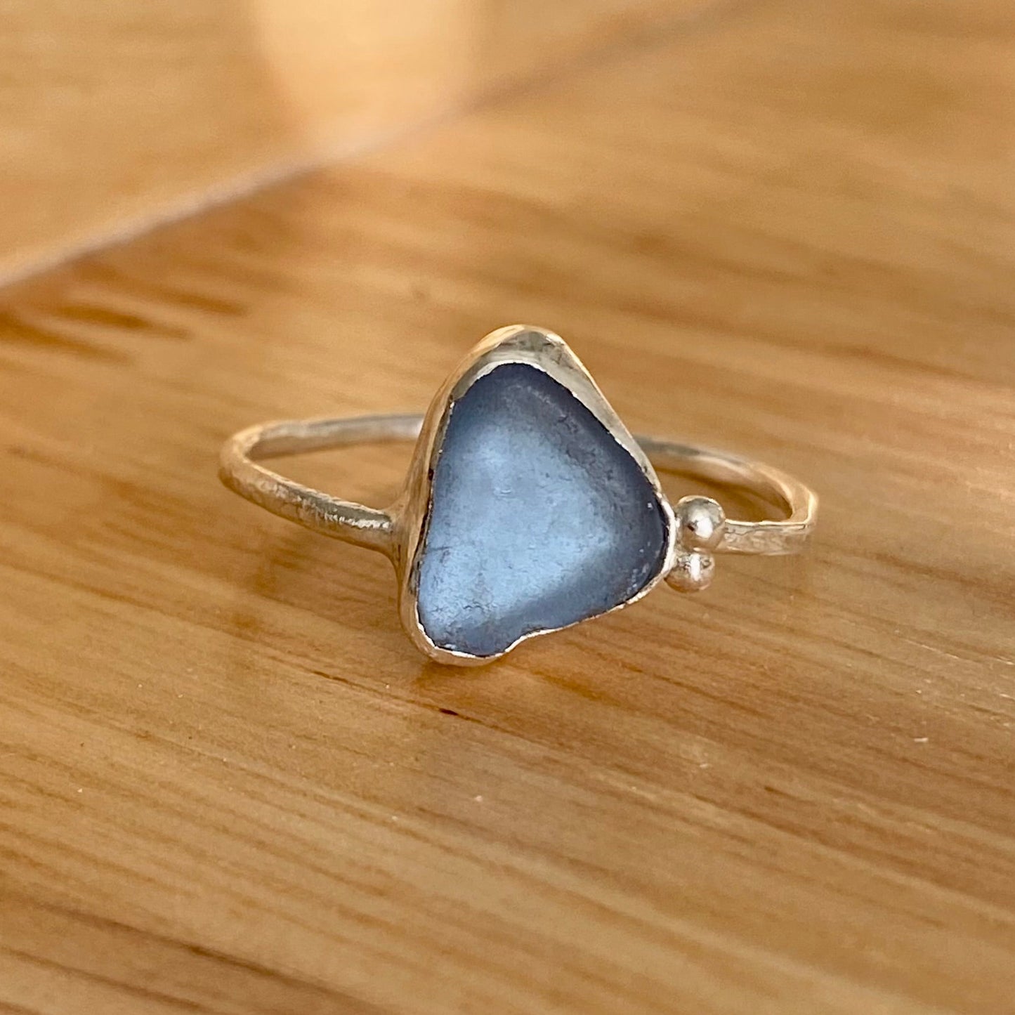 Cornflower Blue Sea Glass Bezel Ring – Sterling Silver (Size 9)