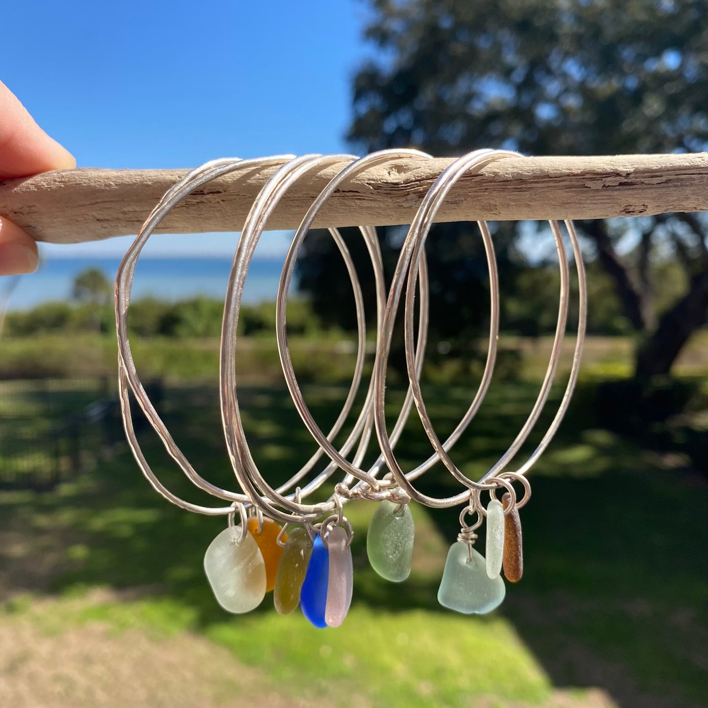 Sterling Silver Sea Glass Bangle Bracelet – Citron