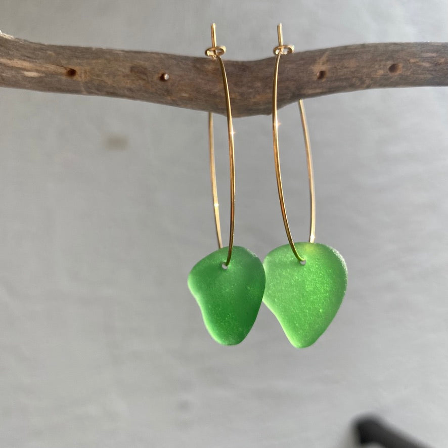 Kelly Green Sea Glass Earrings on Gold PVD Thin Hoops 2