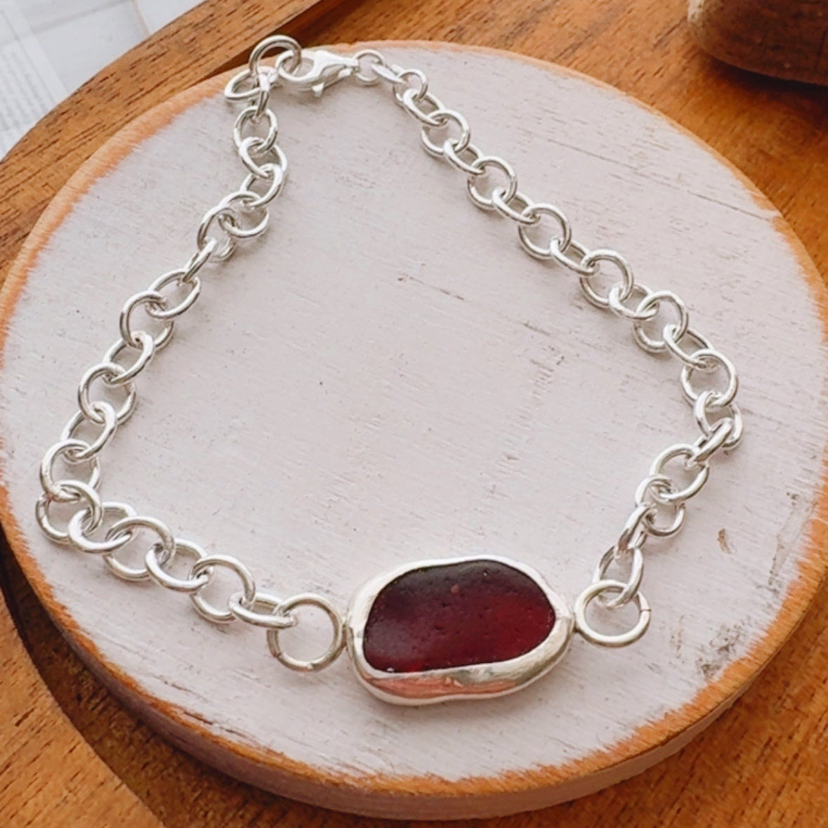 Sea to Shining Sea | Rare Red Sea Glass Sterling Silver Classic Link Bracelet