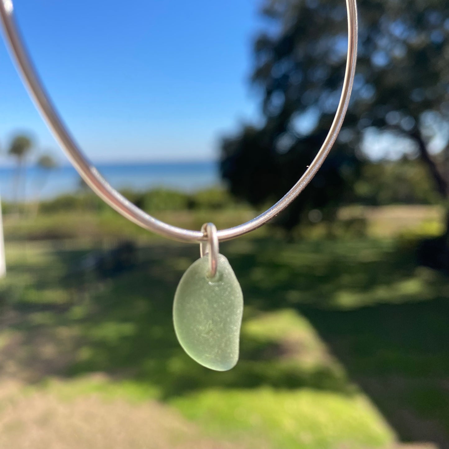 Sterling Silver Sea Glass Bangle Bracelet – Olive Green