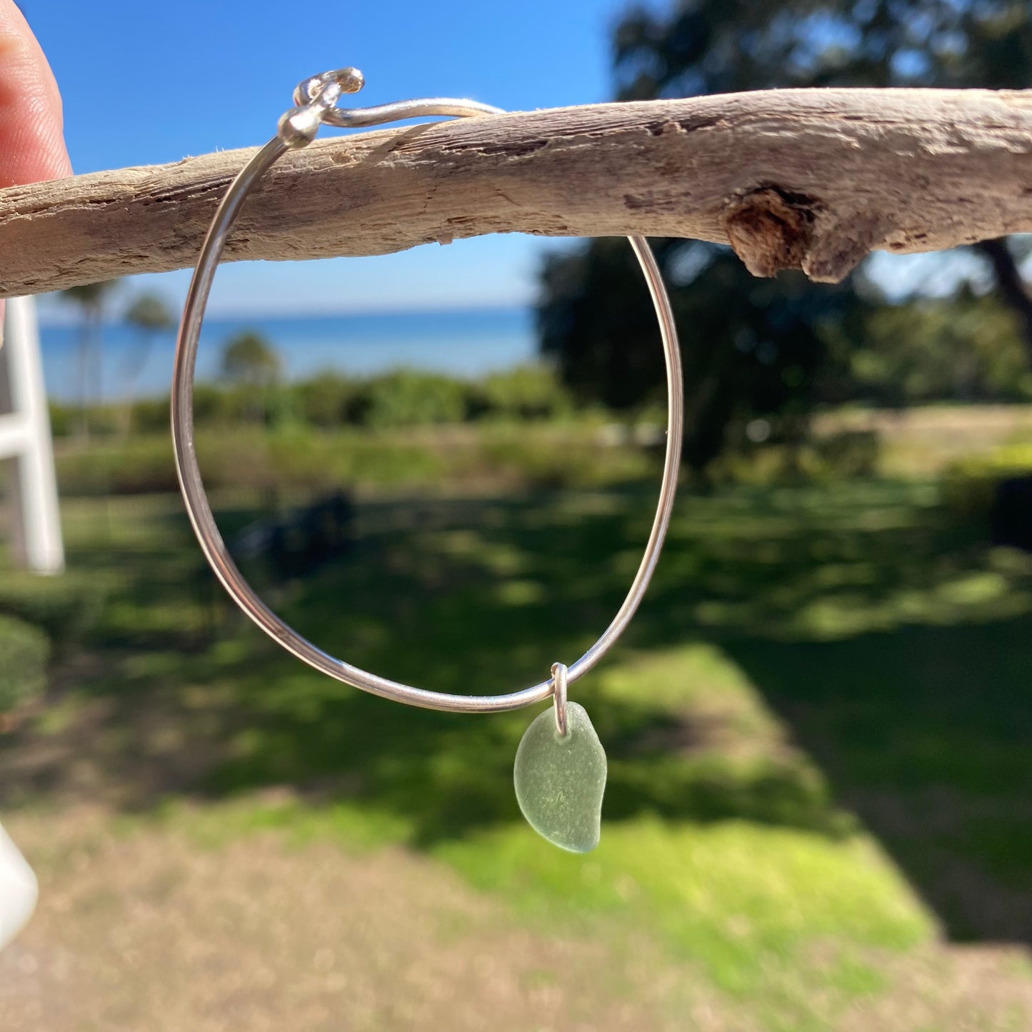 Sterling Silver Sea Glass Bangle Bracelet – Olive Green