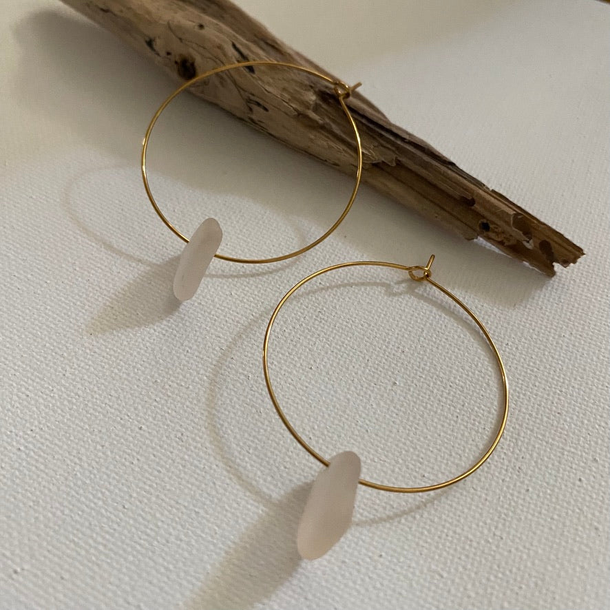 Blush-Tinted Sea Glass Earrings on Gold PVD Thin Hoops