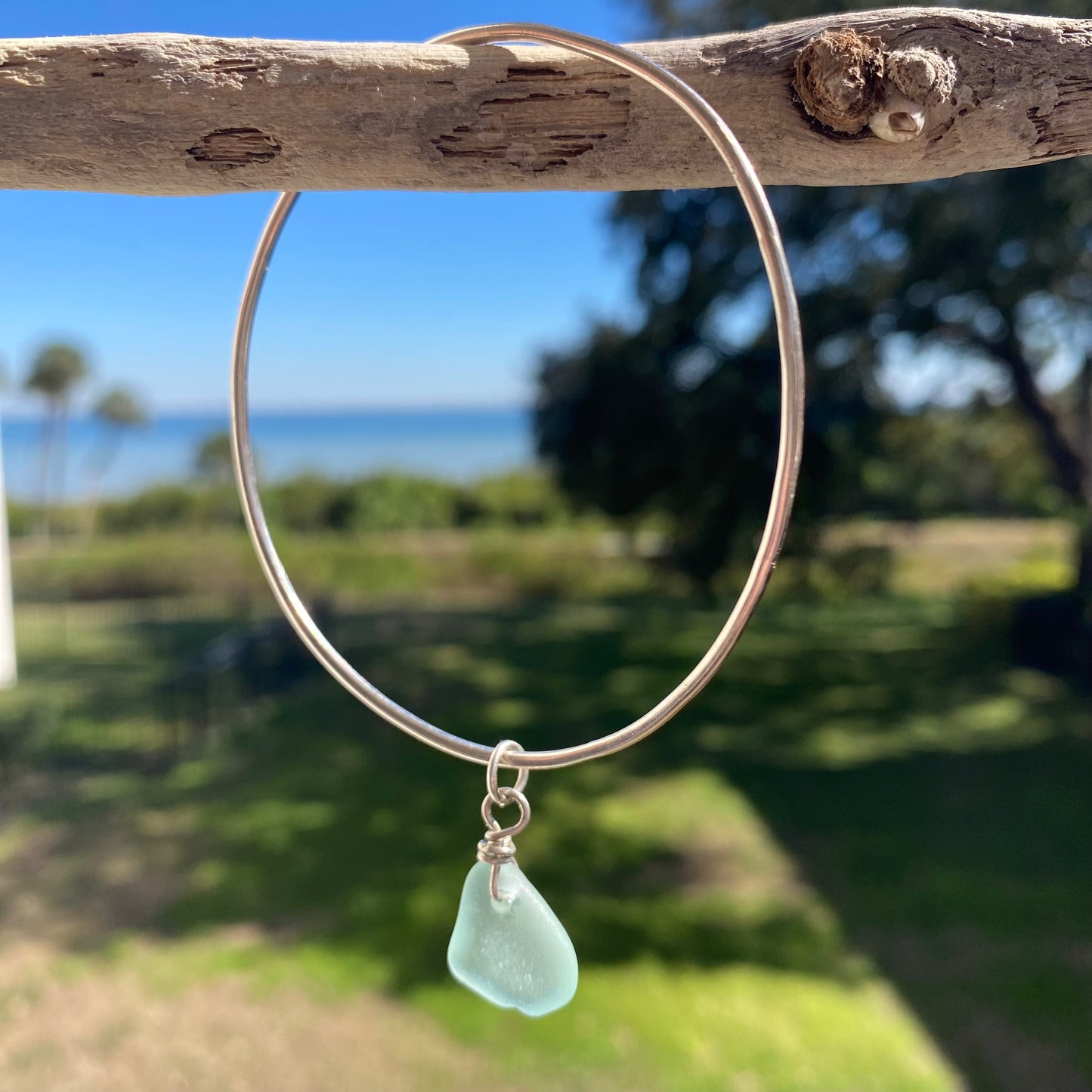 Sterling Silver Sea Glass Bangle Bracelet – Aqua