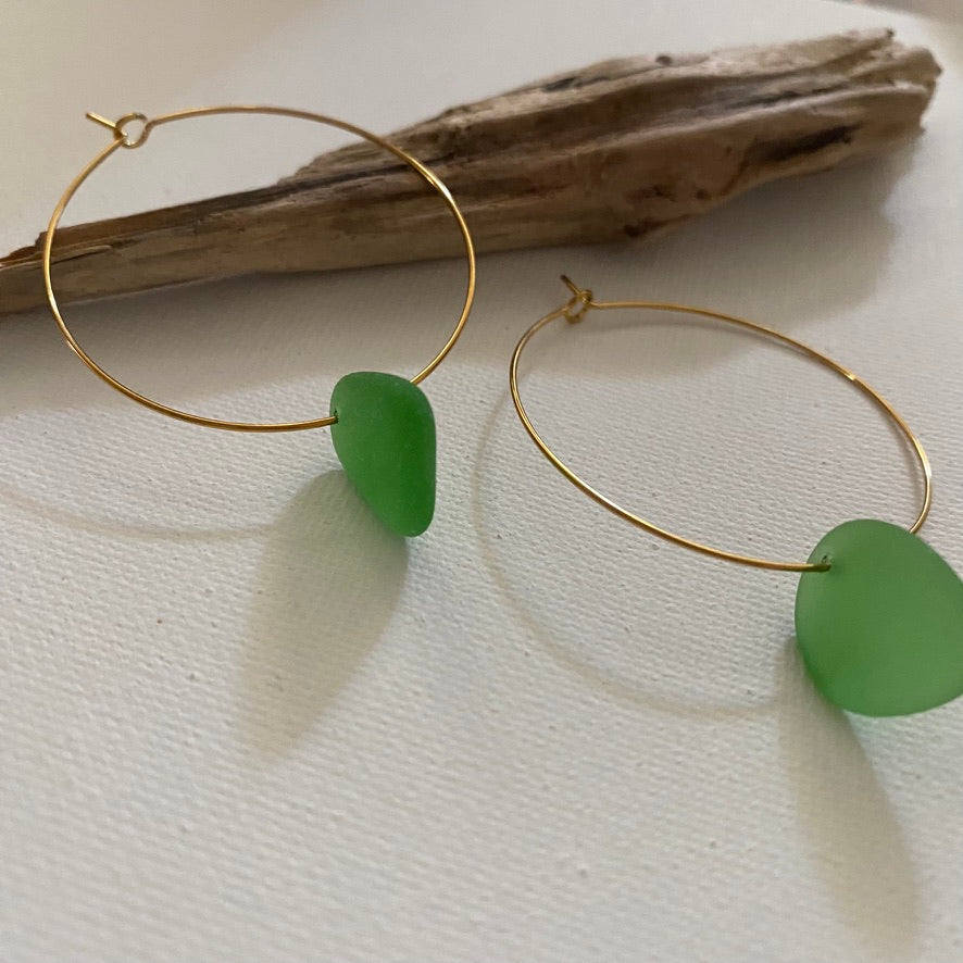 Kelly Green Sea Glass Earrings on Gold PVD Thin Hoops
