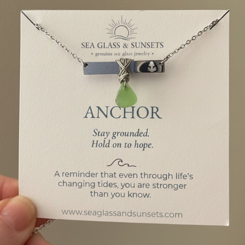 Silver Anchor Bar Necklace with Light Green Sea Glass