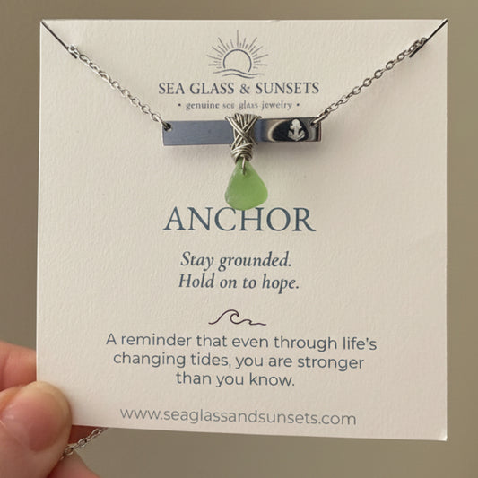Silver Anchor Bar Necklace with Light Green Sea Glass
