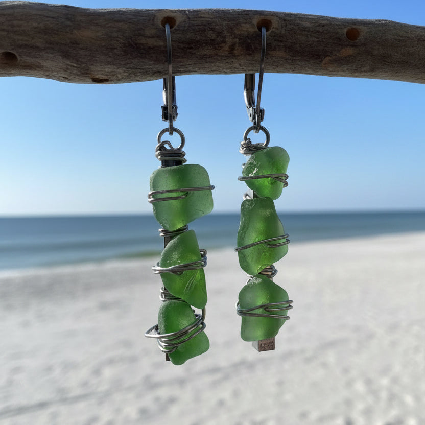 Sea Glass Trio Stainless Steel Dangle Earrings